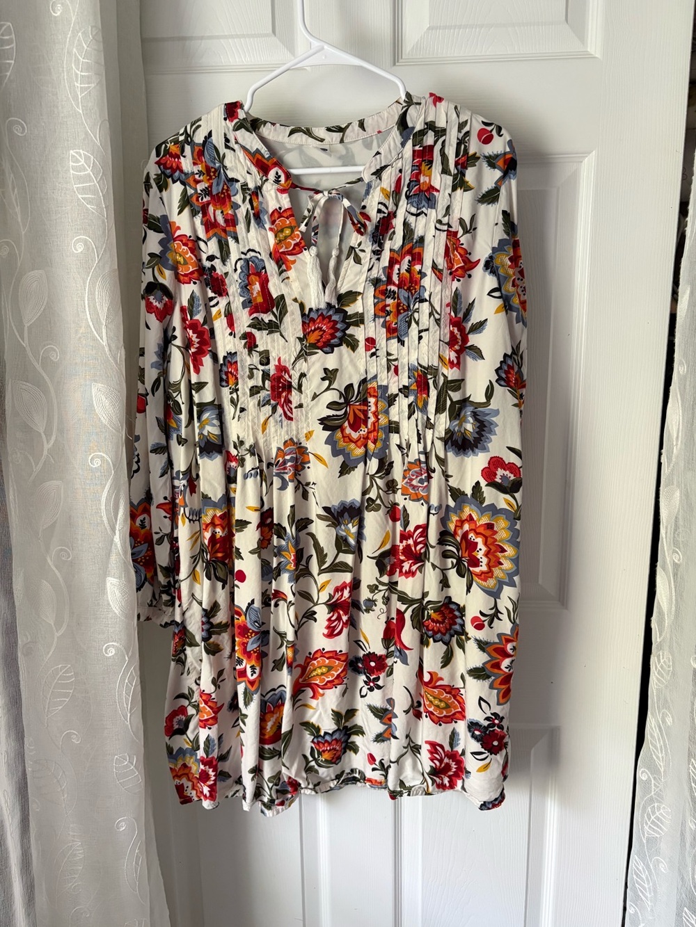 Old Navy Boho Tassel-Tie Floral Swing mini Dress long sleeves women size L